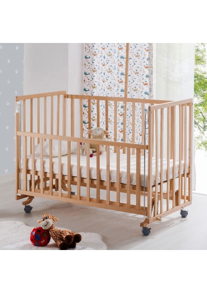 Bw 6050 - Tekerlekli Sallanır Sabitlenir Kademeli Anne Yanı Ahşap Bebek Beşik 70X130