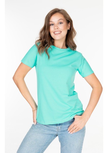 %100 Pamuk Kadın Tişört Düz Renk Su Yeşili Bisiklet Yaka Kısa Kol Penye T-Shirt