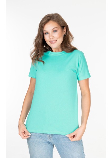 %100 Pamuk Kadın Tişört Düz Renk Su Yeşili Bisiklet Yaka Kısa Kol Penye T-Shirt modelleri