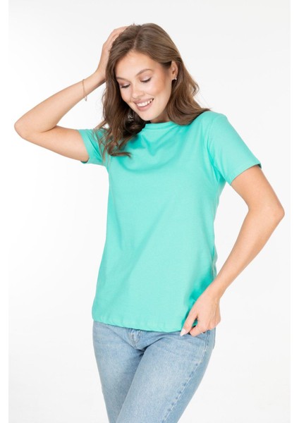 %100 Pamuk Kadın Tişört Düz Renk Su Yeşili Bisiklet Yaka Kısa Kol Penye T-Shirt fırsatları