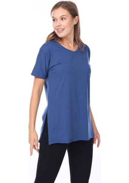 %100 Pamuk Kadın Lacivert V Yaka Yanı Yırtmaçlı Asimetrik Penye Pamuk Örme T-Shirt Tişört Tunik