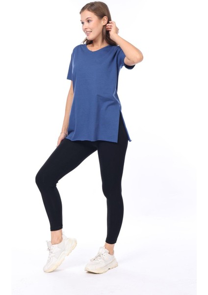 %100 Pamuk Kadın Lacivert V Yaka Yanı Yırtmaçlı Asimetrik Penye Pamuk Örme T-Shirt Tişört Tunik fiyatları