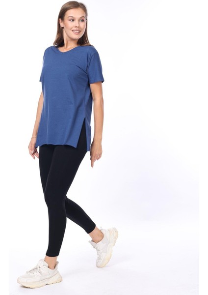 %100 Pamuk Kadın Lacivert V Yaka Yanı Yırtmaçlı Asimetrik Penye Pamuk Örme T-Shirt Tişört Tunik modelleri