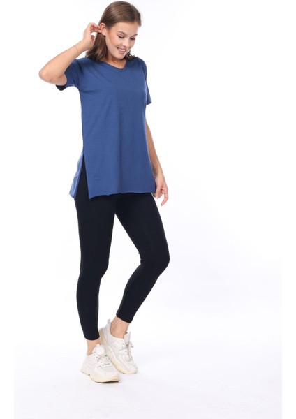 %100 Pamuk Kadın Lacivert V Yaka Yanı Yırtmaçlı Asimetrik Penye Pamuk Örme T-Shirt Tişört Tunik indirimleri