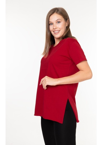 %100 Pamuk Kadın Bordo V Yaka Yanı Yırtmaçlı Asimetrik Penye Pamuk Örme T-Shirt Tunik
