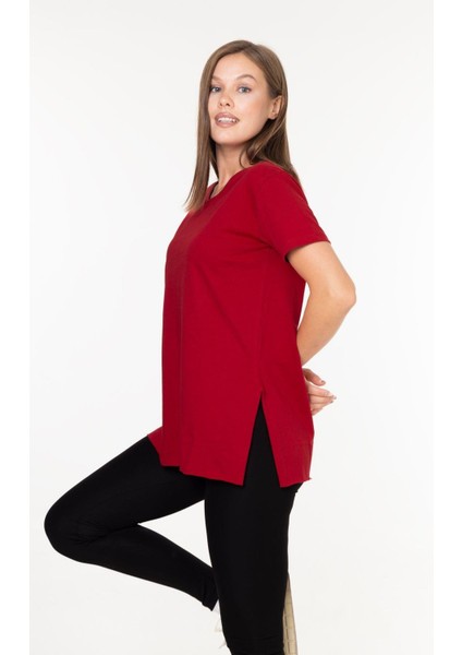 %100 Pamuk Kadın Bordo V Yaka Yanı Yırtmaçlı Asimetrik Penye Pamuk Örme T-Shirt Tunik fiyatları