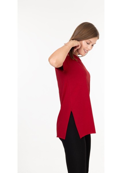 %100 Pamuk Kadın Bordo V Yaka Yanı Yırtmaçlı Asimetrik Penye Pamuk Örme T-Shirt Tunik fırsatları
