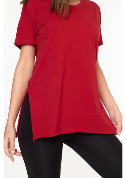 %100 Pamuk Kadın Bordo V Yaka Yanı Yırtmaçlı Asimetrik Penye Pamuk Örme T-Shirt Tunik indirimleri