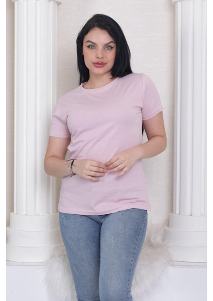 %100 Pamuk Süper Kalite Kadın Tişört Düz Renk Pembe Bisiklet Yaka Organik Pamuk Penye T-Shirt indirimleri