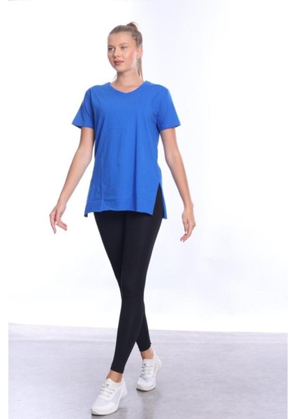 %100 Pamuk Kadın Sax Mavisi V Yaka Yanı Yırtmaçlı Asimetrik Penye Pamuk Örme T-Shirt Tişört Tunik fiyatları