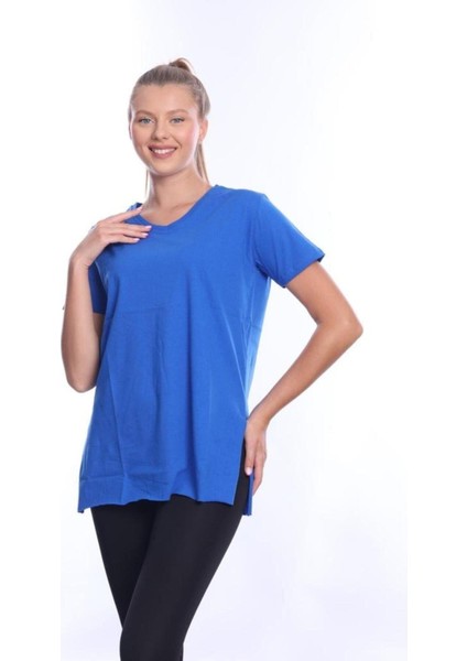 %100 Pamuk Kadın Sax Mavisi V Yaka Yanı Yırtmaçlı Asimetrik Penye Pamuk Örme T-Shirt Tişört Tunik fırsatları