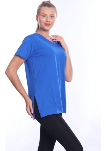 %100 Pamuk Kadın Sax Mavisi V Yaka Yanı Yırtmaçlı Asimetrik Penye Pamuk Örme T-Shirt Tişört Tunik indirimleri