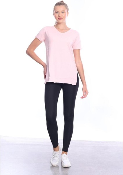 %100 Pamuk Kadın Pembe V Yaka Yanı Yırtmaçlı Asimetrik Penye Pamuk Örme T-Shirt Tişört Tunik fırsatları