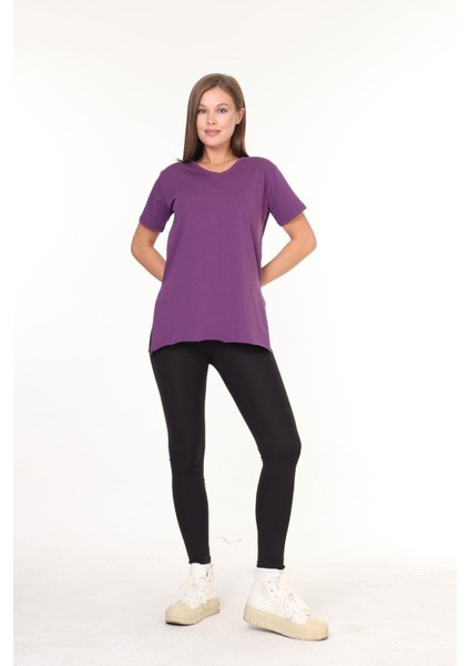 %100 Pamuk Kadın Mor V Yaka Yanı Yırtmaçlı Asimetrik Penye Pamuk Örme T-Shirt Tunik fiyatları