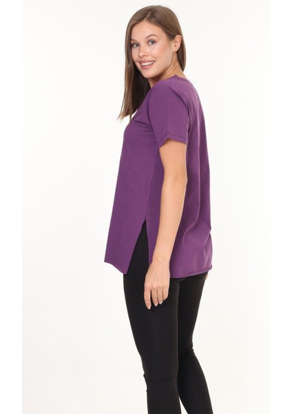 %100 Pamuk Kadın Mor V Yaka Yanı Yırtmaçlı Asimetrik Penye Pamuk Örme T-Shirt Tunik indirimleri