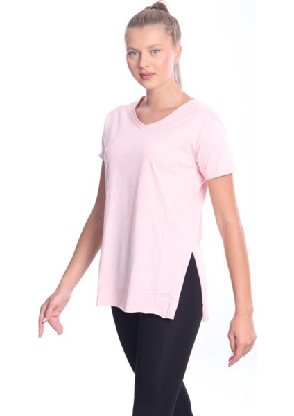 %100 Pamuk Kadın Pembe V Yaka Yanı Yırtmaçlı Asimetrik Penye Pamuk Örme T-Shirt Tişört Tunik