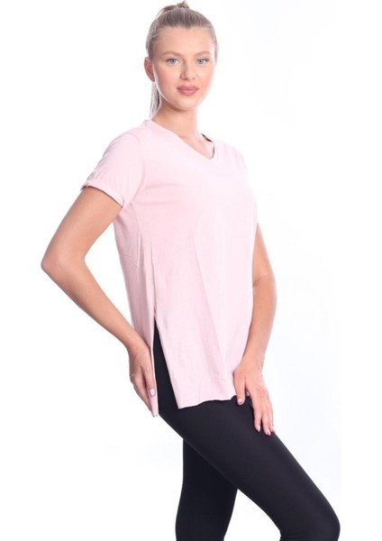 %100 Pamuk Kadın Pembe V Yaka Yanı Yırtmaçlı Asimetrik Penye Pamuk Örme T-Shirt Tişört Tunik fiyatları