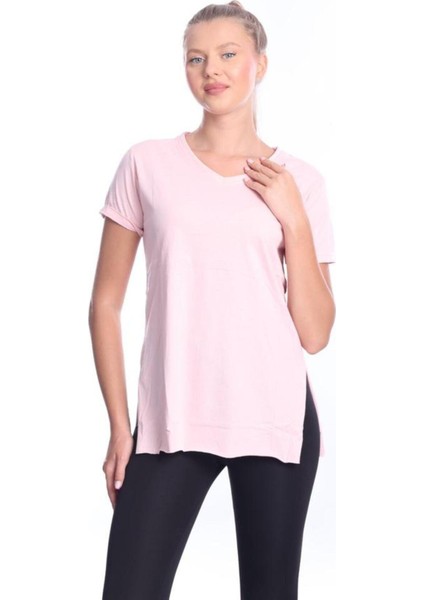 %100 Pamuk Kadın Pembe V Yaka Yanı Yırtmaçlı Asimetrik Penye Pamuk Örme T-Shirt Tişört Tunik modelleri