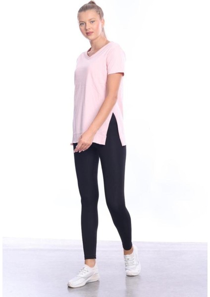 %100 Pamuk Kadın Pembe V Yaka Yanı Yırtmaçlı Asimetrik Penye Pamuk Örme T-Shirt Tişört Tunik indirimleri