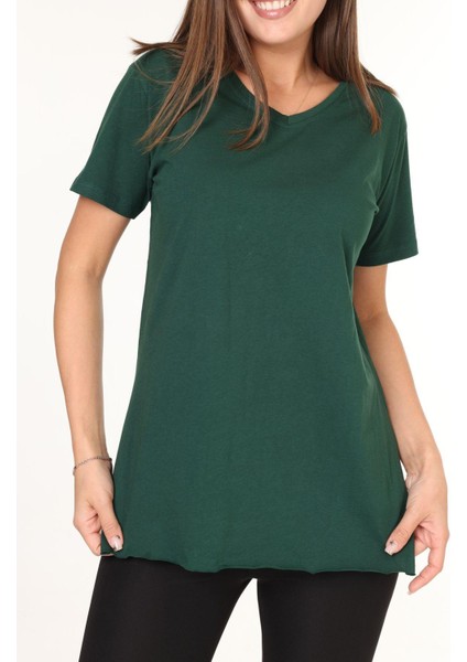 %100 Pamuk Kadın Zümrüt Yeşili V Yaka Yanı Yırtmaçlı Asimetrik Penye Pamuk Örme T-Shirt Tunik fiyatları