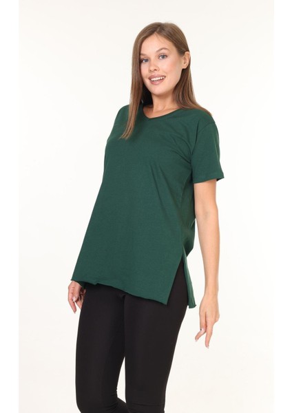 %100 Pamuk Kadın Zümrüt Yeşili V Yaka Yanı Yırtmaçlı Asimetrik Penye Pamuk Örme T-Shirt Tunik fırsatları
