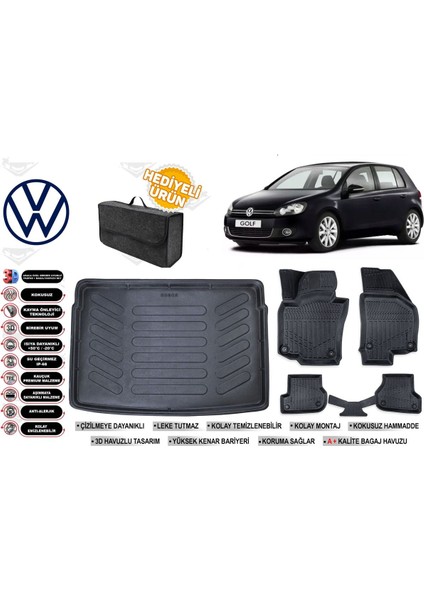 Volkswagen Golf 6 2008 Model Bagaj Havuzu+Paspas Seti Profesyonel Serisi Hediyeli