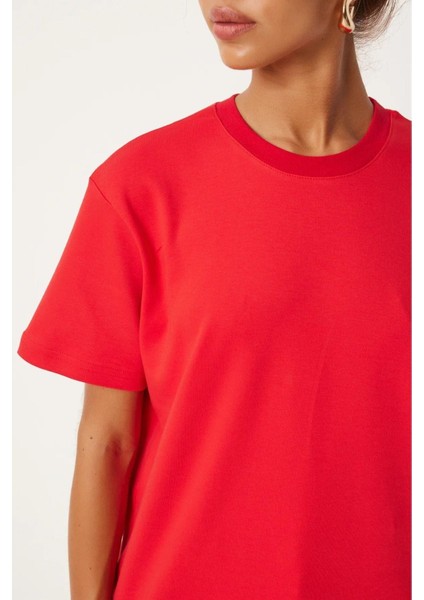 %100 Pamuk Kadın Tişört Düz Renk Kırmızı Bisiklet Yaka Penye T-Shirt fırsatları