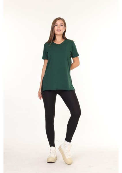 %100 Pamuk Kadın Zümrüt Yeşili V Yaka Yanı Yırtmaçlı Asimetrik Penye Pamuk Örme T-Shirt Tunik modelleri