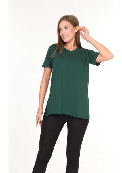 %100 Pamuk Kadın Zümrüt Yeşili V Yaka Yanı Yırtmaçlı Asimetrik Penye Pamuk Örme T-Shirt Tunik indirimleri