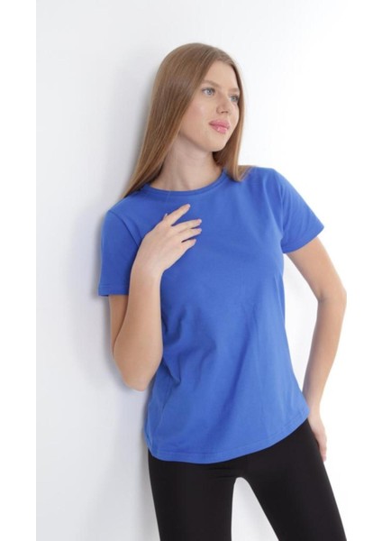 %100 Pamuk Süper Kalite Kadın Tişört Düz Renk Saks Mavi Bisiklet Yaka Organik Pamuk Penye T-Shirt