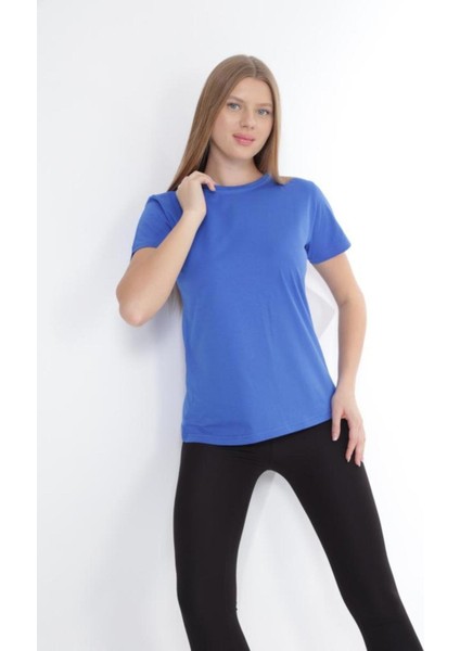 %100 Pamuk Süper Kalite Kadın Tişört Düz Renk Saks Mavi Bisiklet Yaka Organik Pamuk Penye T-Shirt fiyatları