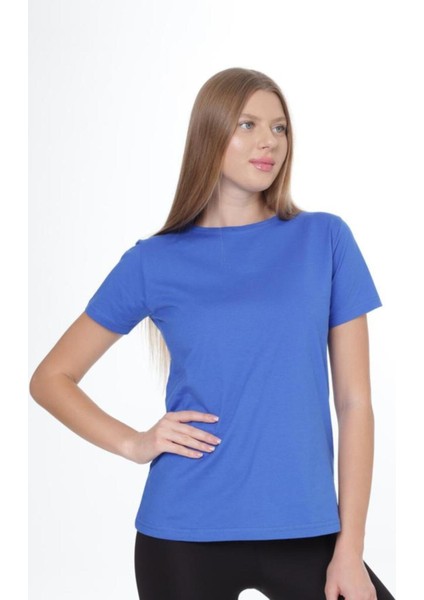 %100 Pamuk Süper Kalite Kadın Tişört Düz Renk Saks Mavi Bisiklet Yaka Organik Pamuk Penye T-Shirt indirimleri