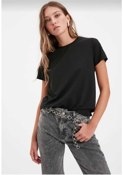 %100 Pamuk Süper Kalite Kadın Tişört Düz Renk Siyah Bisiklet Yaka Organik Pamuk Penye T-Shirt