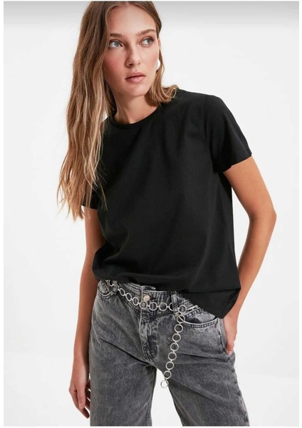 %100 Pamuk Süper Kalite Kadın Tişört Düz Renk Siyah Bisiklet Yaka Organik Pamuk Penye T-Shirt indirimleri