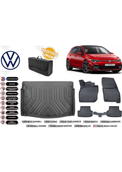 Volkswagen Golf 8 Manuel 2025 Model Alt Bagaj Havuzu+Paspas Seti Profesyonel Serisi Hediyeli
