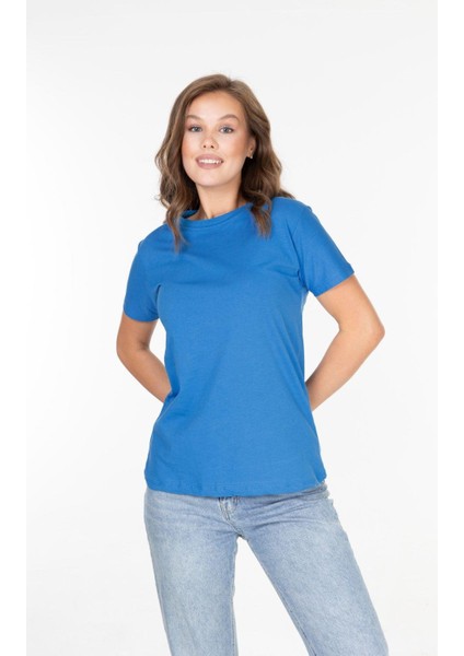 %100 Pamuk Kadın Tişört Düz Renk Koyu Mavi Bisiklet Yaka Kısa Kol Penye T-Shirt fırsatları