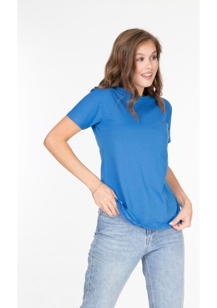 %100 Pamuk Kadın Tişört Düz Renk Koyu Mavi Bisiklet Yaka Kısa Kol Penye T-Shirt indirimleri