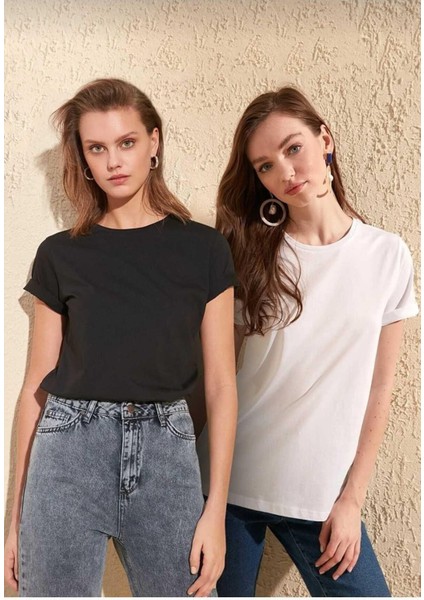 %100 Organik Pamuk 2`li Paket Soft Touch Kadın Tişört Siyah Beyaz Bisiklet Yaka Örme Penye T-Shirt