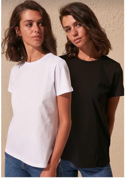 %100 Organik Pamuk 2`li Paket Soft Touch Kadın Tişört Siyah Beyaz Bisiklet Yaka Örme Penye T-Shirt fiyatları
