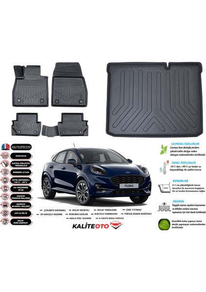 Ford Puma 2022 Model Alt Esnek Bagaj Havuzu Araca Özel Siyah Paspas Takımı