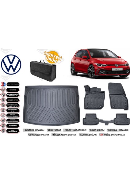 Volkswagen Golf 8 Manuel 2022 Model Üst Bagaj Havuzu+Paspas Seti Profesyonel Serisi Hediyeli
