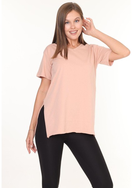 %100 Pamuk Kadın Bej V Yaka Yanı Yırtmaçlı Asimetrik Penye Pamuk Örme T-Shirt Tişört Tunik