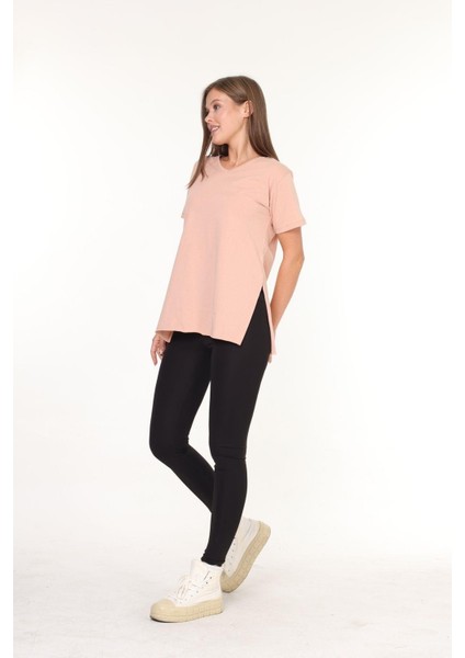 %100 Pamuk Kadın Bej V Yaka Yanı Yırtmaçlı Asimetrik Penye Pamuk Örme T-Shirt Tişört Tunik fiyatları