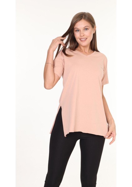 %100 Pamuk Kadın Bej V Yaka Yanı Yırtmaçlı Asimetrik Penye Pamuk Örme T-Shirt Tişört Tunik fırsatları