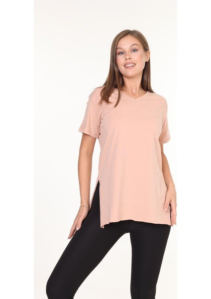 %100 Pamuk Kadın Bej V Yaka Yanı Yırtmaçlı Asimetrik Penye Pamuk Örme T-Shirt Tişört Tunik indirimleri