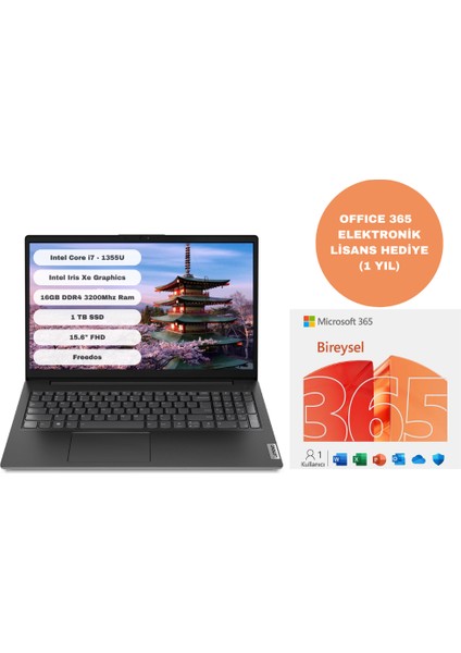 V15 G4 Iru Intel Core I7 1355U 16GB 1tb SSD Freedos 15.6'' Fhd 83A100HXTR + Office 365 Elektronik Lisans Hediye