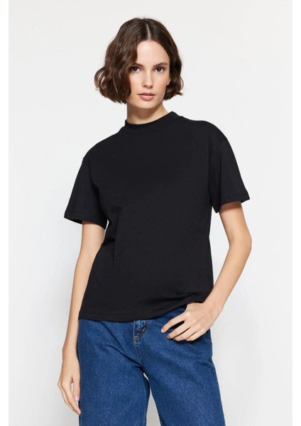 Siyah-Beyaz 2'li Paket %100 Organik Pamuk Basic Ribana'lı Dik Yaka Örme T-Shirt fırsatları