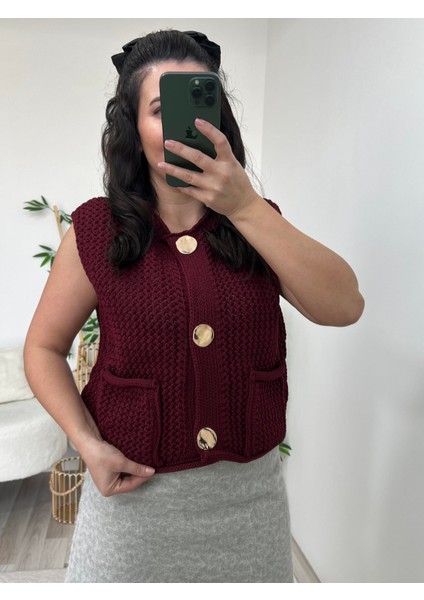 Bordo Bisiklet Yaka Cepli Düğmeli Triko Yelek