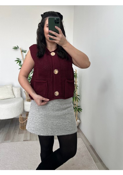 Bordo Bisiklet Yaka Cepli Düğmeli Triko Yelek