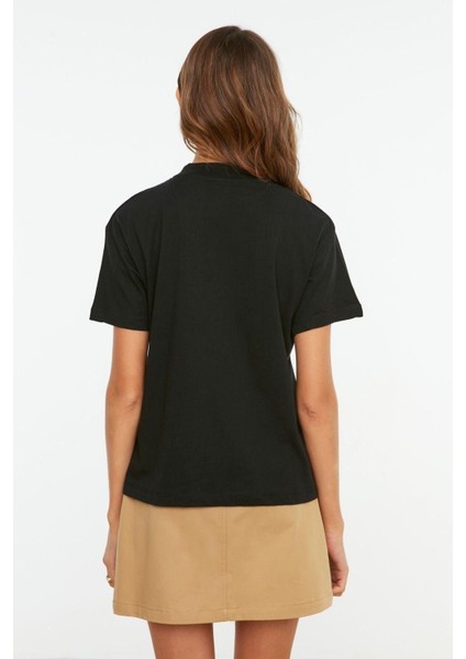 %100 Organik Pamuk Kadın Siyah Basic Ribana'lı Dik Yaka Örme T-Shirt fiyatları